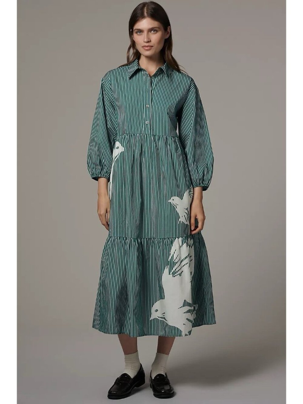 NWT Size S -  Maeve 100% Cotton Bettina Shirt Dress Green Stripe Birds